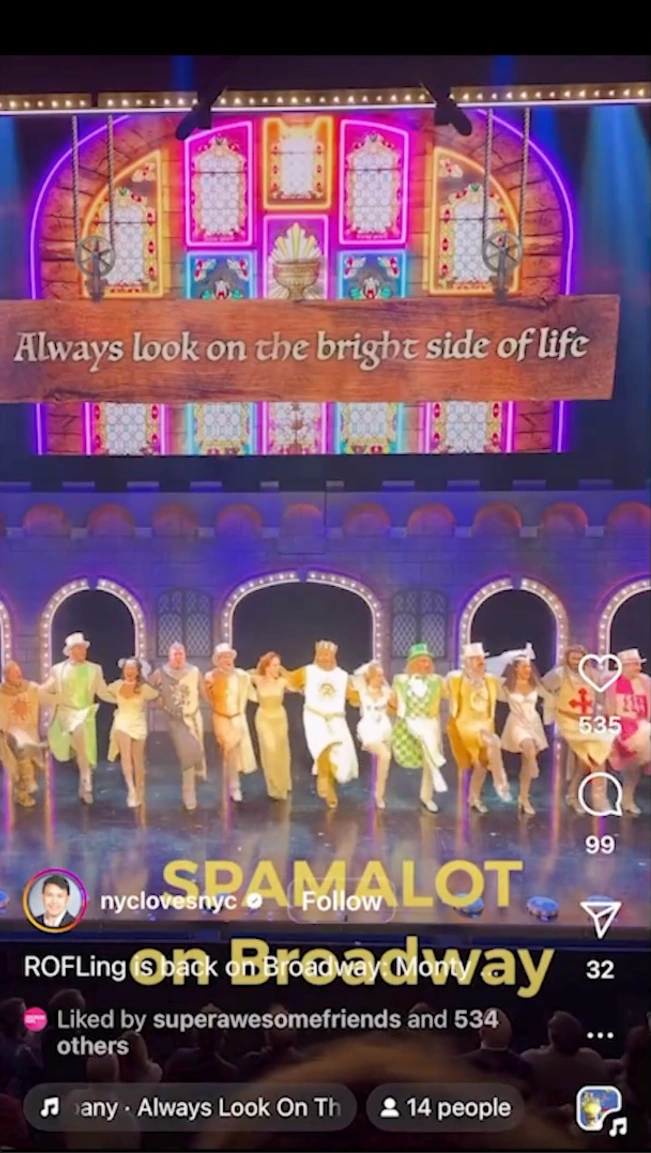 Screenshot of a Spamalot curtain-call post by @nyclovesnyc, with its original caption.